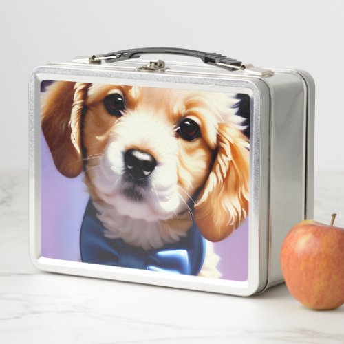 Adorable Fluffy Puppy w Cute Blue Bow Tie  Metal Lunch Box