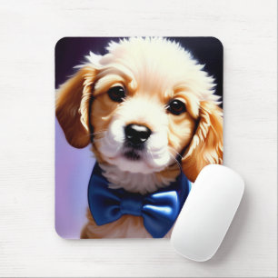 Adorable Fluffy Puppy w Cute Blue Bow Tie  Mouse Pad