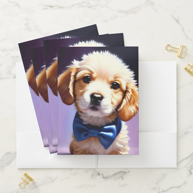 Adorable Fluffy Puppy w Cute Blue Bow Tie  Pocket Folder (In Situ)