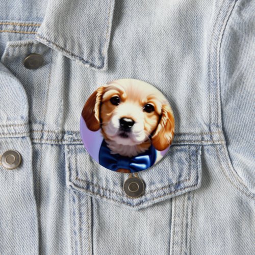 Adorable Fluffy Puppy w Cute Blue Bow Tie Portrait Button