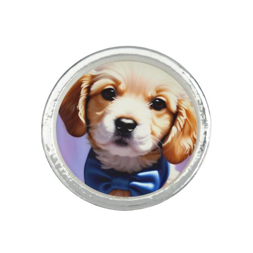 Adorable Fluffy Puppy w Cute Blue Bow Tie Portrait Ring