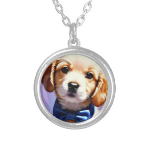 Adorable Fluffy Puppy w Cute Blue Bow Tie Portrait Silver Plated Necklace