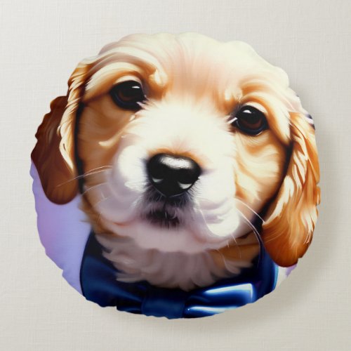 Adorable Fluffy Puppy w Cute Blue Bow Tie  Round Pillow