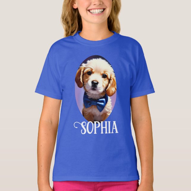 Adorable Fluffy Puppy w Cute Blue Bow Tie  T-Shirt (Front)