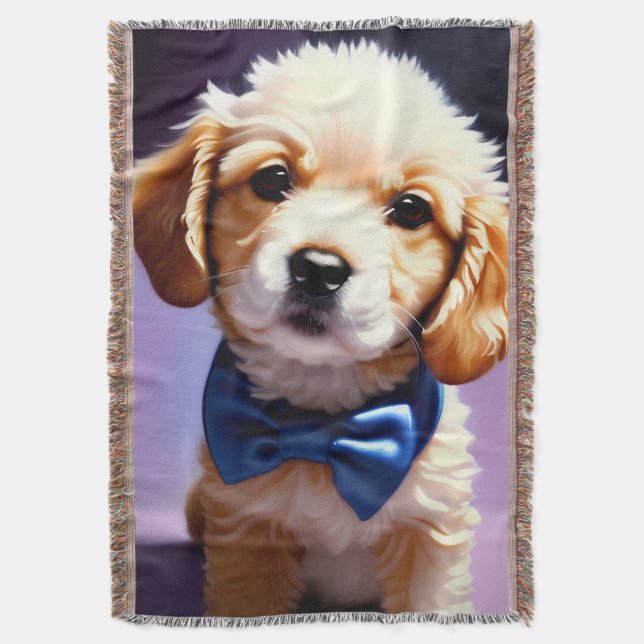 Adorable Fluffy Puppy w Cute Blue Bow Tie  Throw Blanket (Front Vertical)