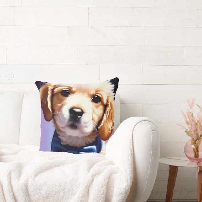 Adorable Fluffy Puppy w Cute Blue Bow Tie  Throw Pillow (Couch)