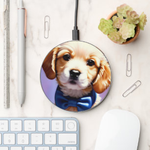 Adorable Fluffy Puppy w Cute Blue Bow Tie  Wireless Charger