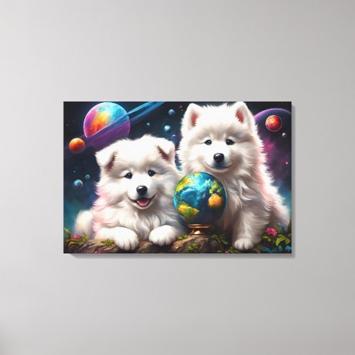 Adorable Fluffy Samoyed Puppies Peace on Earth Canvas Print