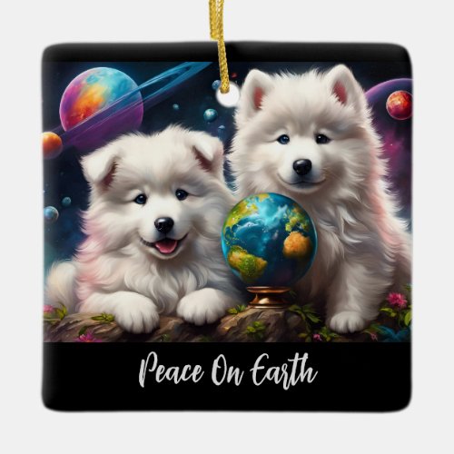 Adorable Fluffy Samoyed Puppies Peace on Earth Ceramic Ornament