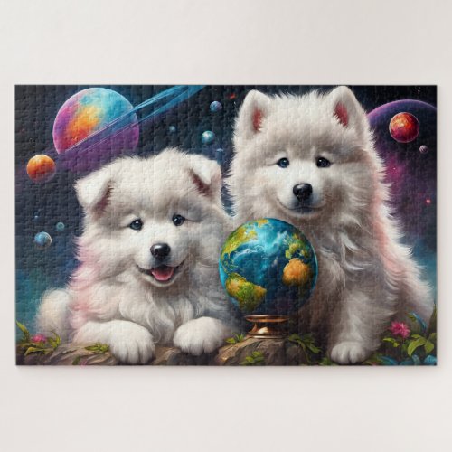 Adorable Fluffy Samoyed Puppies Peace on Earth Jigsaw Puzzle