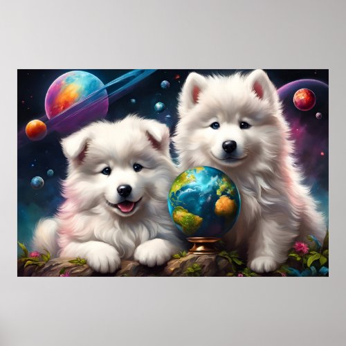 Adorable Fluffy Samoyed Puppies Peace on Earth Poster
