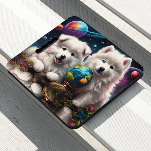 Adorable Fluffy Samoyed Puppies Peace on Earth Seat Cushion