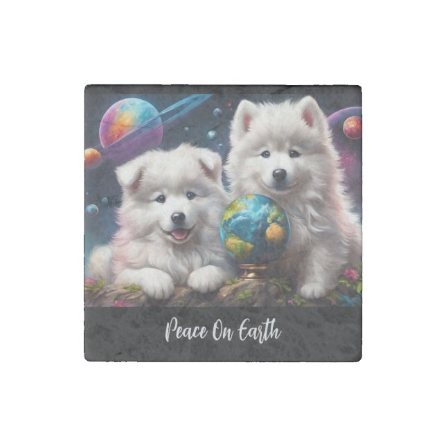 Adorable Fluffy Samoyed Puppies, Peace on Earth Stone Magnet (Front)