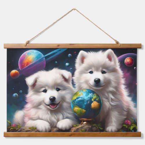 Adorable Fluffy Samoyed Puppies Planets Earth Hanging Tapestry