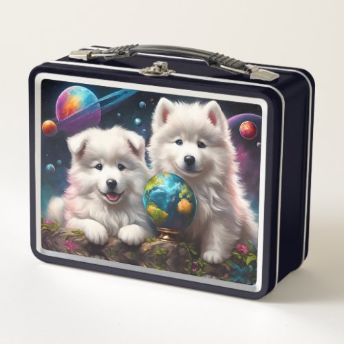 Adorable Fluffy Samoyed Puppies Planets Earth Metal Lunch Box