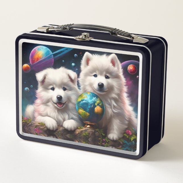 Adorable Fluffy Samoyed Puppies, Planets Earth Metal Lunch Box (Front)