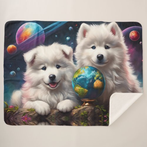 Adorable Fluffy Samoyed Puppies Planets Earth Sherpa Blanket