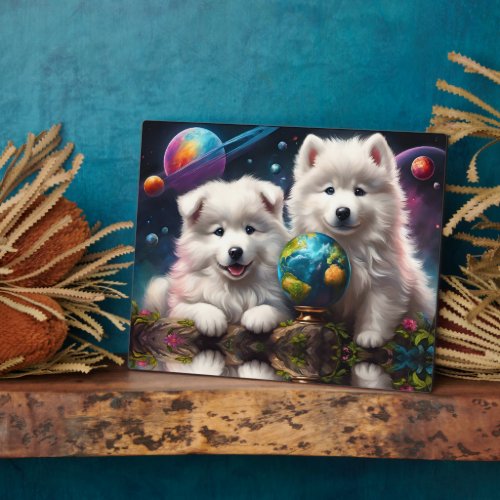 Adorable Fluffy Samoyed Puppies Space Earth Globe Plaque