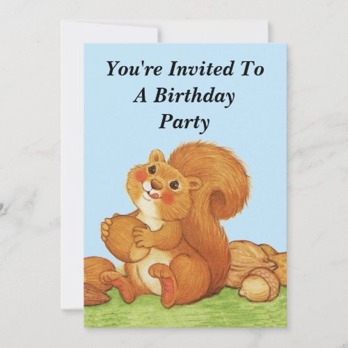 Adorable Fluffy Squirrel Holding Acorns in Grass Invitation