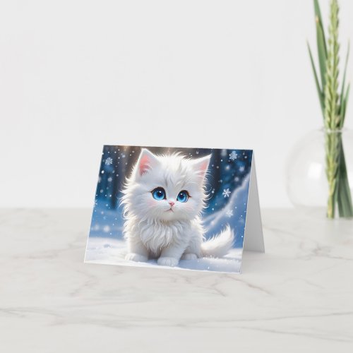 Adorable Fluffy White Cat Blue Eyes Blank Greeting Card
