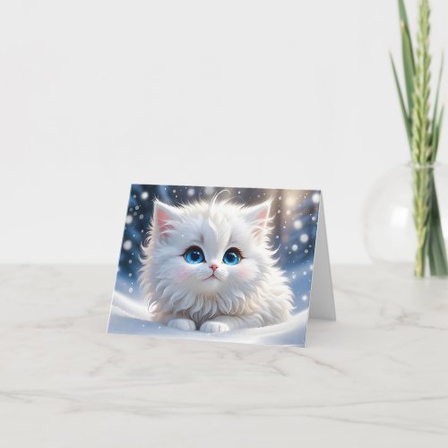 Adorable Fluffy White Cat Blue Eyes Blank Greeting Card