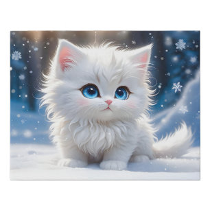 Adorable Fluffy White Cat Blue Eyes Pink Cheeks Faux Canvas Print