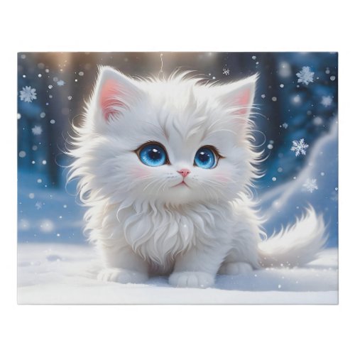Adorable Fluffy White Cat Blue Eyes Pink Cheeks  Faux Canvas Print