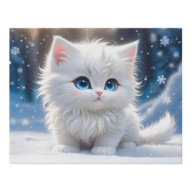 Adorable Fluffy White Cat Blue Eyes Pink Cheeks  Faux Canvas Print (Front)