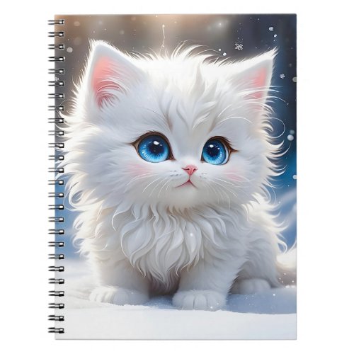 Adorable Fluffy White Cat Blue Eyes Pink Cheeks  Notebook