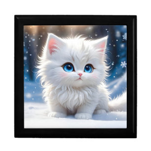 Adorable Fluffy White Cat Blue Eyes Wooden Gift Box