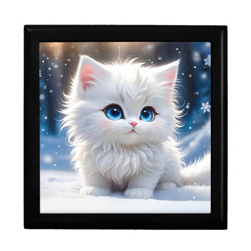 Adorable Fluffy White Cat Blue Eyes Wooden  Gift Box