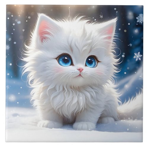 Adorable Fluffy White Cat with Blue Eyes  Ceramic Tile