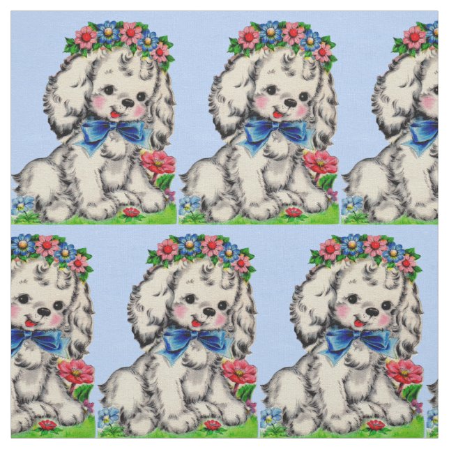 adorable fluffy white dog print fabric (Swatch)
