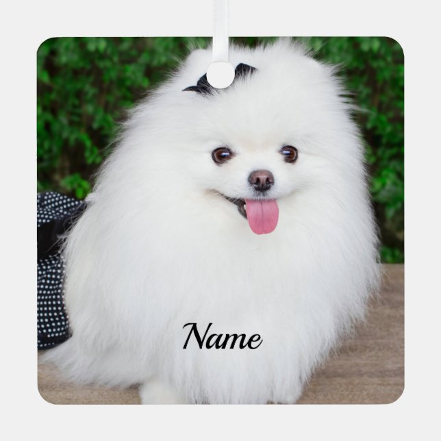 Adorable Fluffy White Puppy Dog Metal Ornament (Front)
