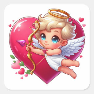 Adorable Flying Cupid with Heart & Arrow Square Sticker