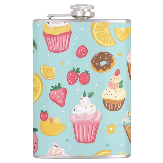 Adorable Food Items Illustration Pattern Flask (Front)