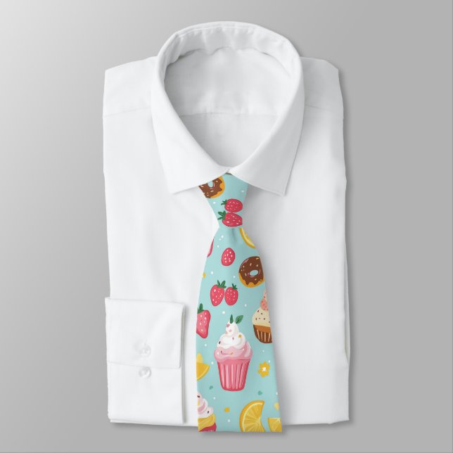 Adorable Food Items Illustration Pattern Neck Tie (Tied)