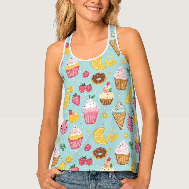 Adorable Food Items Illustration Pattern Tank Top (Front)