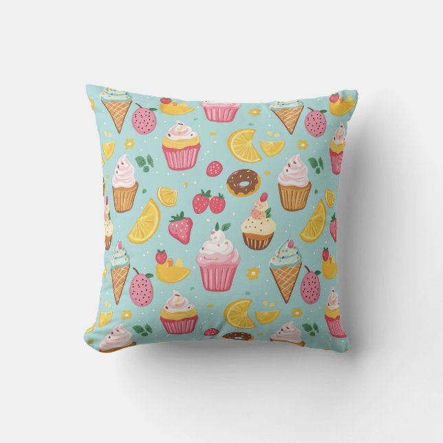 Adorable Food Items Illustration Pattern Throw Pillow (Front)