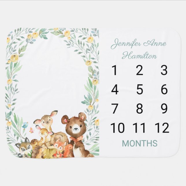 Adorable Forest Animals Woodland Monthly Milestone Baby Blanket (Horizontal)