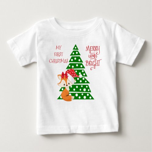 Adorable Fox and Christmas Tree Baby T_Shirt