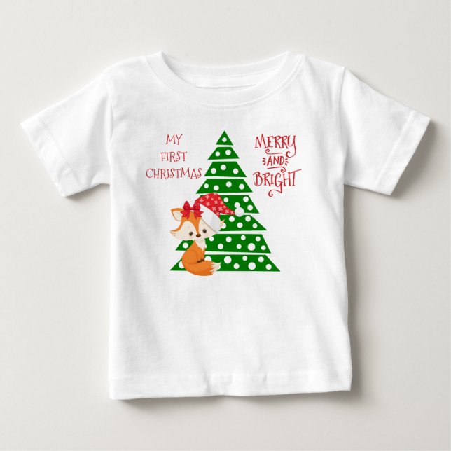 Adorable Fox and Christmas Tree Baby T-Shirt (Front)