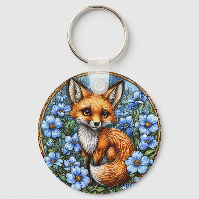 🦊 Adorable Fox Bloom Glow 💙 Vibrant Blue Floral Keychain (Front)