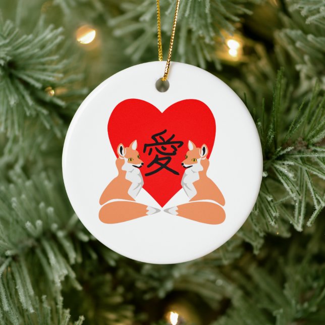 Adorable Fox Cartoon Love Heart Ceramic Ornament (Tree)