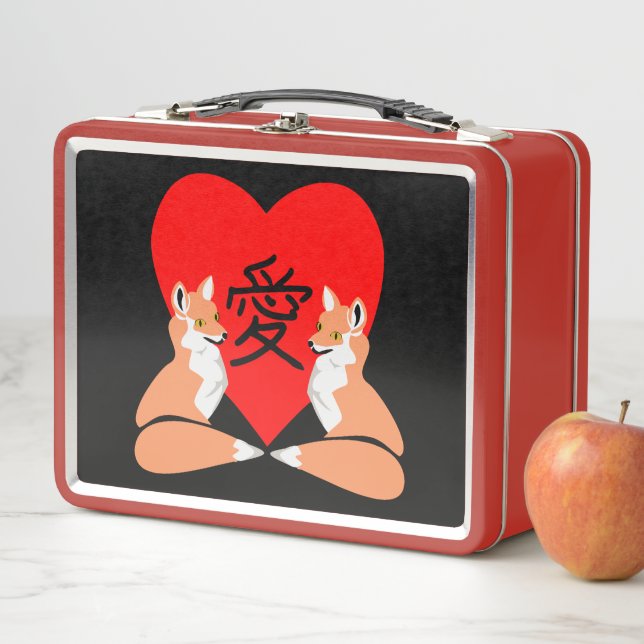 Adorable Fox Cartoon Love Heart Metal Lunch Box (In Situ)