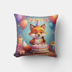 Adorable Fox Celebrating a Cheerful Birthday Throw Pillow