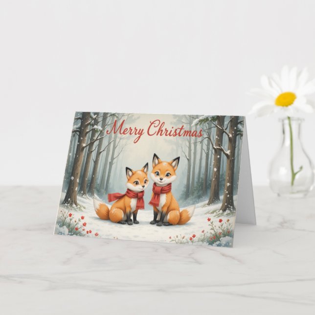Adorable Fox Christmas Snowy Woods and Red Scarf Card (Small Plant)