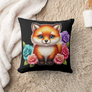 Adorable Fox Cub with Colorful Roses Throw Pillow