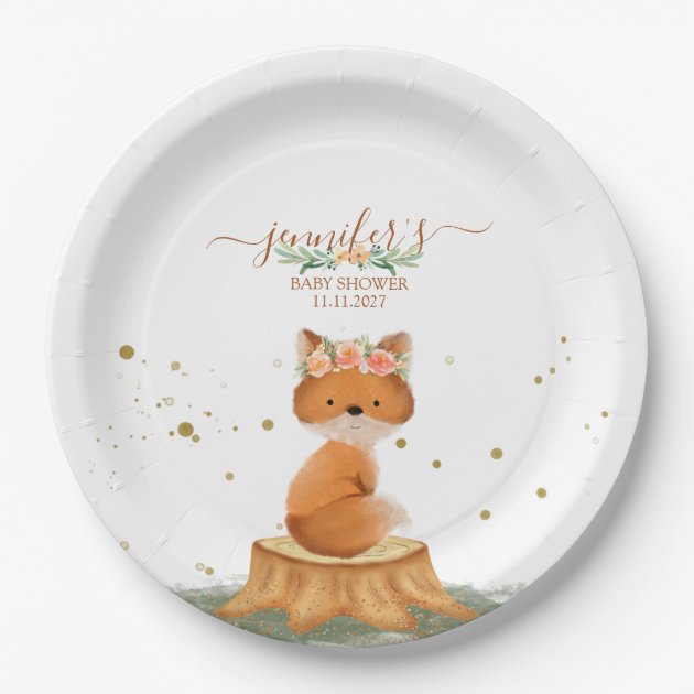 Adorable Fox Flower Crown Baby Shower Theme Paper Plates