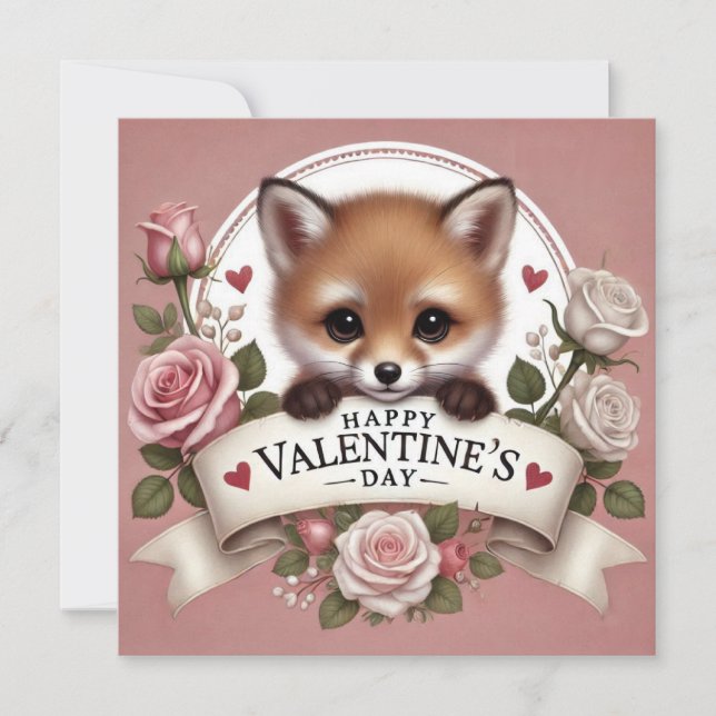 Adorable Fox Illustration with Roses Holiday Card (Front)